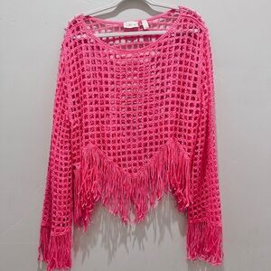 WILLOW & ROOT Vibrant Pink Knit Fringe Sweater Willow and Root Size Large